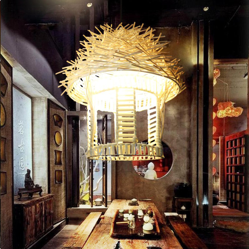 1 Bulb Handcrafted Pendant Lighting Japanese Bamboo Ceiling Suspension Lamp in White