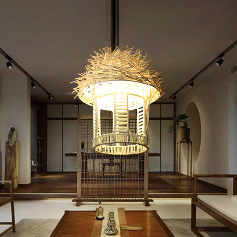 1 Bulb Handcrafted Pendant Lighting Japanese Bamboo Ceiling Suspension Lamp in White