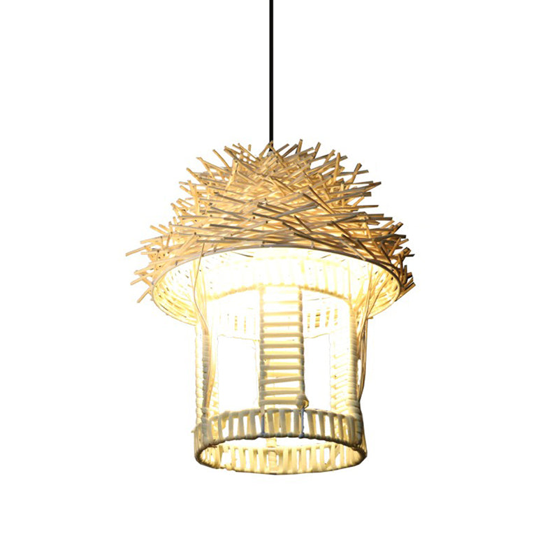 1 Bulb Handcrafted Pendant Lighting Japanese Bamboo Ceiling Suspension Lamp in White