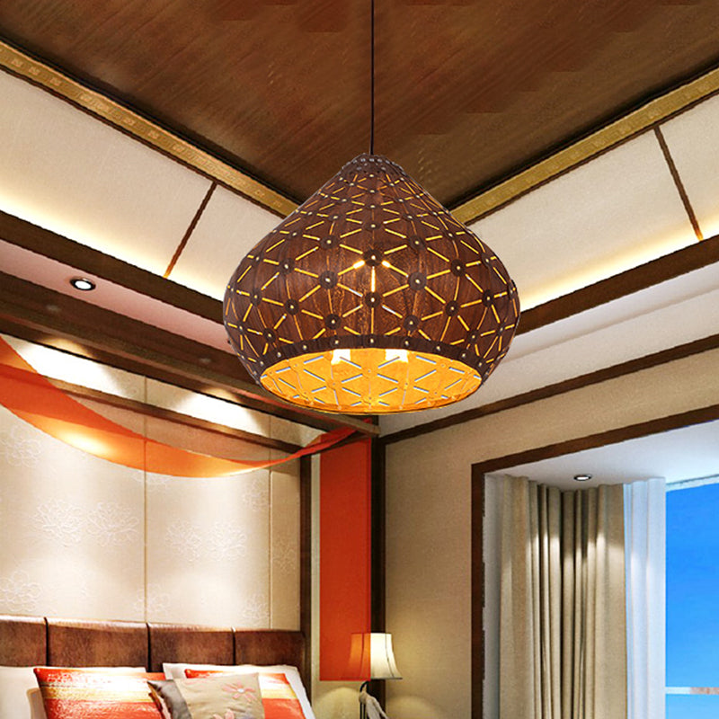 1 Bulb Bedroom Down Lighting Asia Brown Hanging Light Fixture with Teardrop Wood Shade