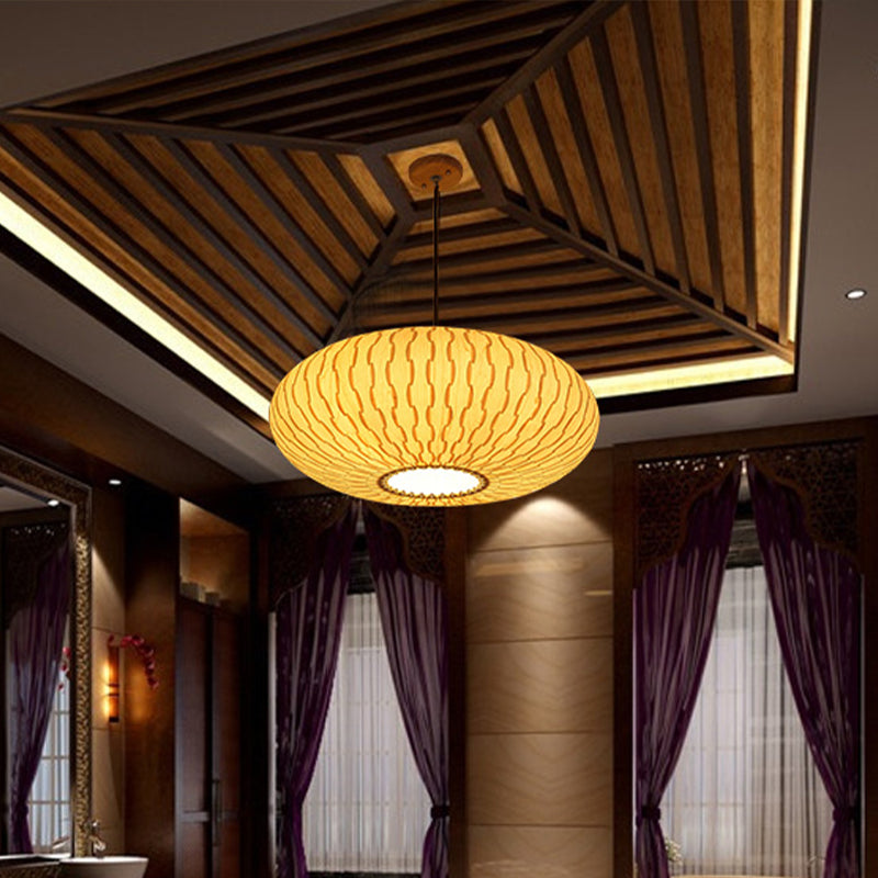 3 Heads Lantern Chandelier Lighting Chinese Wood Ceiling Suspension Lamp in Beige