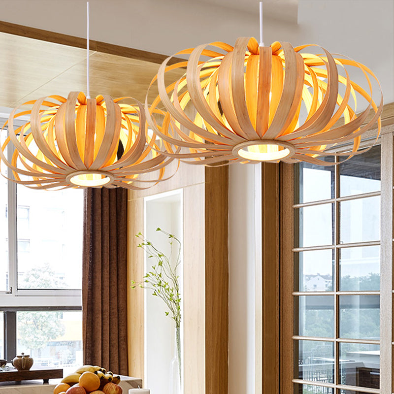 Luz colgante de calabaza beige chino 1 cabeza de madera de madera accesorio de iluminación para restaurante