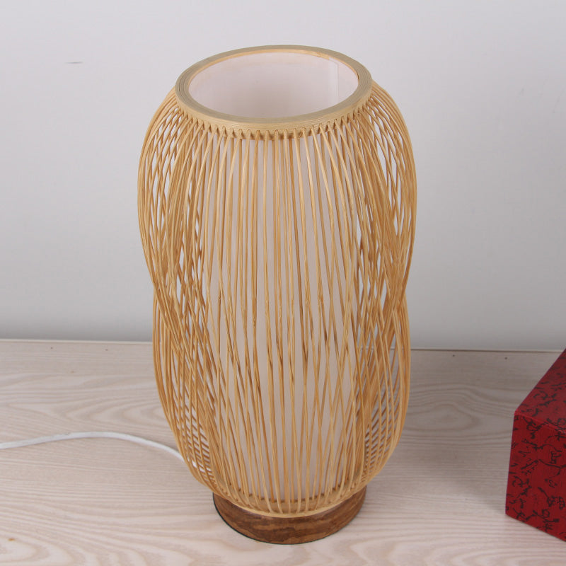 Cylinder Desk Light Chinese Bamboo 1 Bulb Task Lighting in Wood with Circular Wood Base