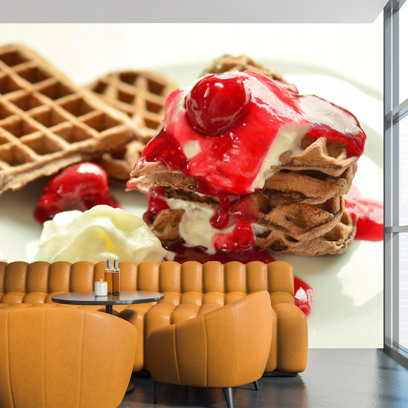 Customized Wall Mural Dessert with Waffle Pattern Mildew Resistant Wallpaper Commerce Shop