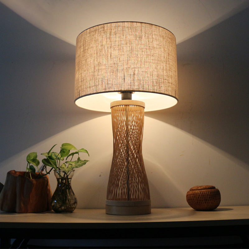 Flaxen Laser Cut Task Light Asian 1 Bulb Bamboo Small Desk Lamp with Drum Fabric Shade