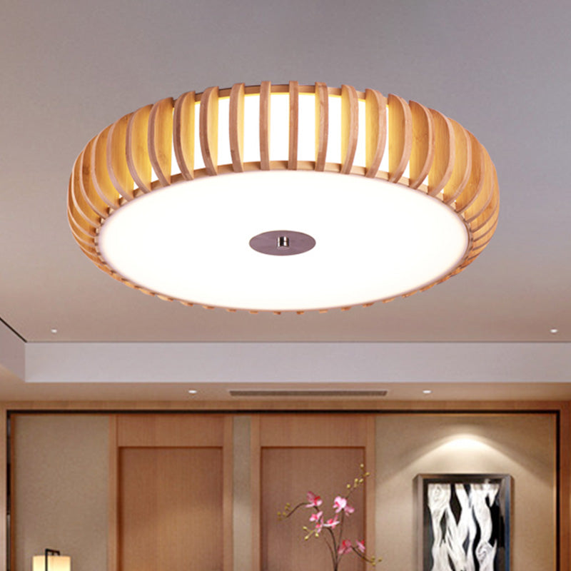 Round Flush Mount Japanese Wood 3 Heads Close to Massimale Lamp in Beige for Living Room