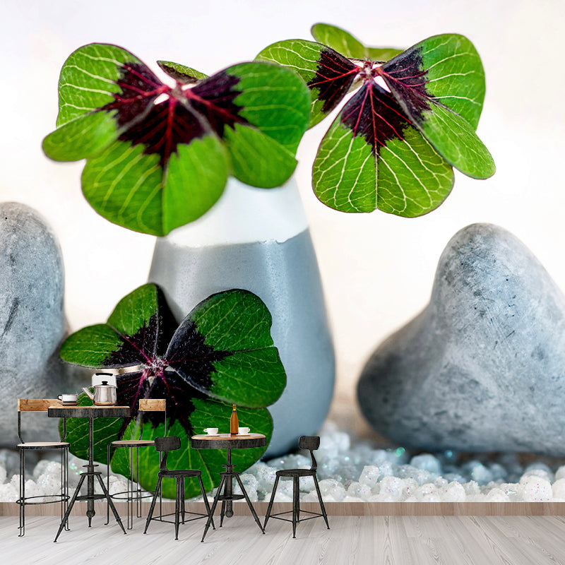 Green Clover Mural Wallpaper for Sleeping Room Water Resistant, Custom Size Available