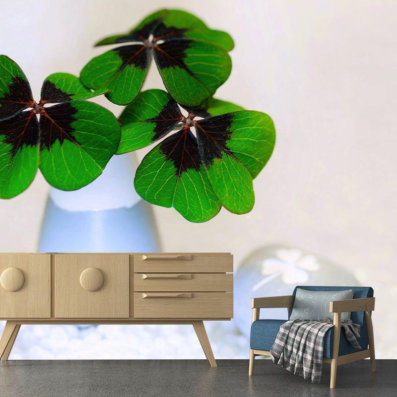 Green Clover Mural Wallpaper for Sleeping Room Water Resistant, Custom Size Available