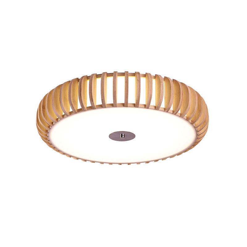 Round Flush Mount Japanese Wood 3 Heads Close to Massimale Lamp in Beige for Living Room