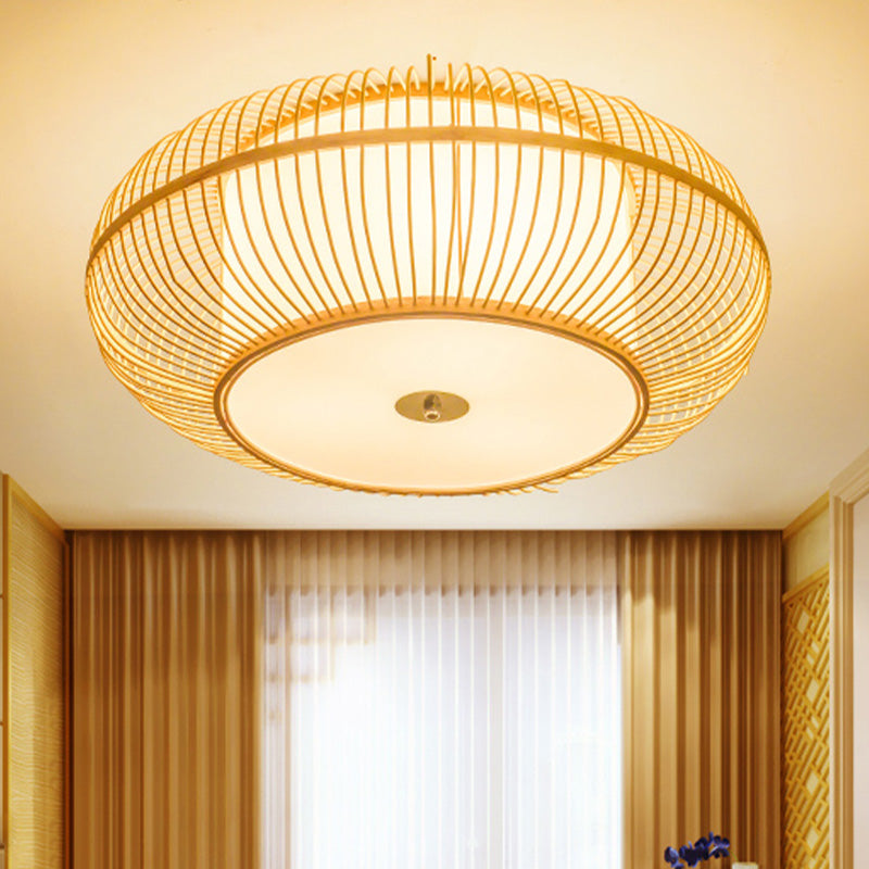 1 Head Bedroom Flush Light Asian Beige Ceiling Mounted Fixture with Donut Bamboo Shade