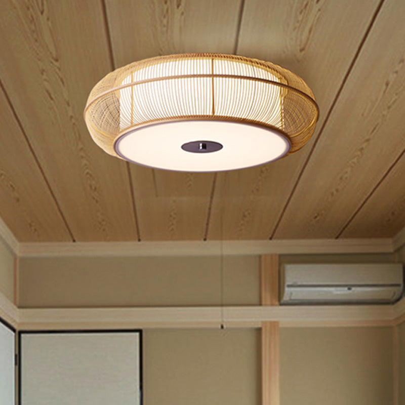Chinese LED Flushmount Beige Rounded Drum Close to Ceiling Lighting with Bamboo Shade