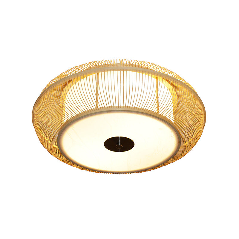 Chinese LED Flushmount Beige Rounded Drum Close to Ceiling Lighting with Bamboo Shade
