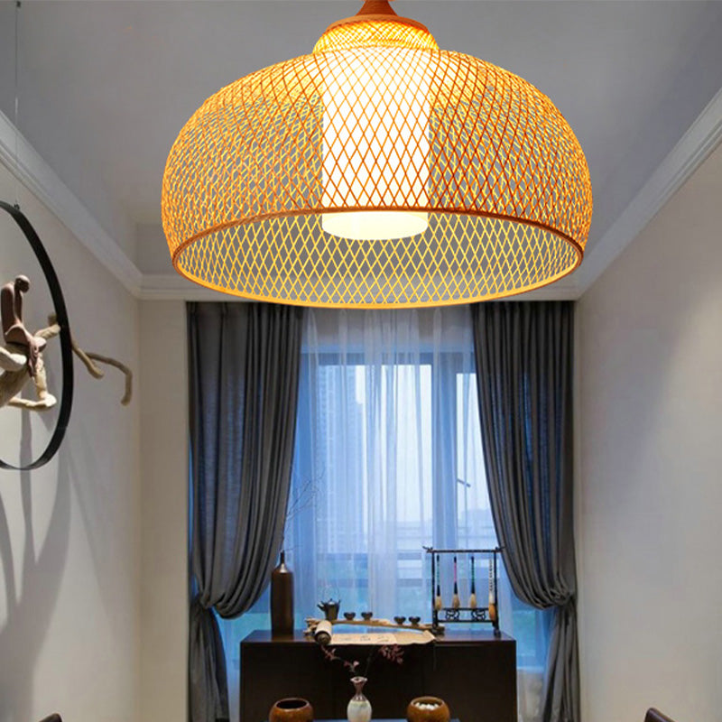 Domed Semi Flush Light Asie Bamboo 1 Balbe Plafond en bois Aménagement monté avec une teinte blanche cylindre