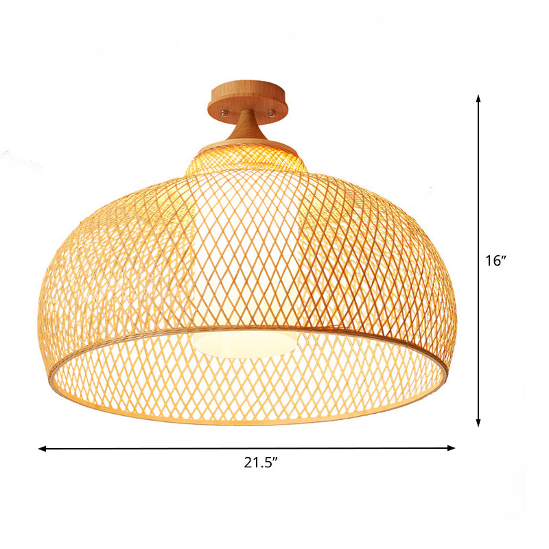 Domed Semi Flush Light Asian Bamboo 1 Bulb Wood Ceiling Mounted Fixture with Cylinder White Shade
