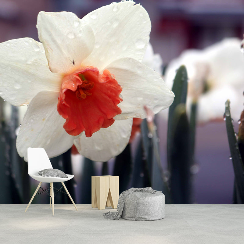 White Daffodil Mural Decal Waterproofing Wall Covering for Living Room, Custom Size