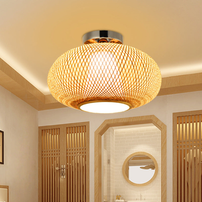 Flaxen Lantern Semi Flush Mount Chinese 1 Head Bamboo Ceiling Mounted Light for Dining Room
