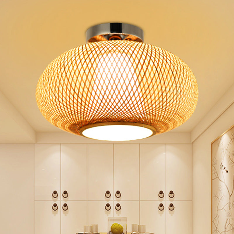 Flaxen Lantern Semi Flush Mount Chinese 1 Head Bamboo Ceiling Mounted Light for Dining Room