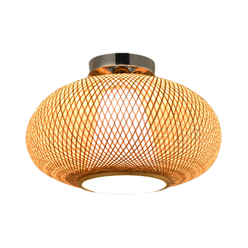 Flaxen Lantern Semi Flush Mount Chinese 1 Head Bamboo Ceiling Mounted Light for Dining Room