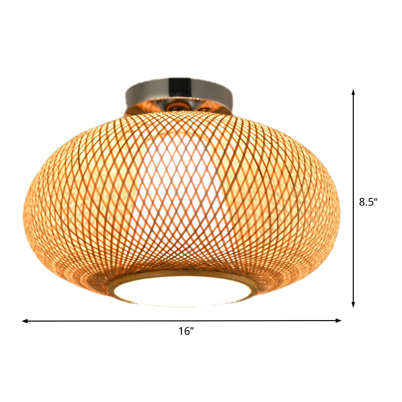 Flaxen Lantern Semi Flush Mount Chinese 1 Head Bamboo Ceiling Mounted Light for Dining Room