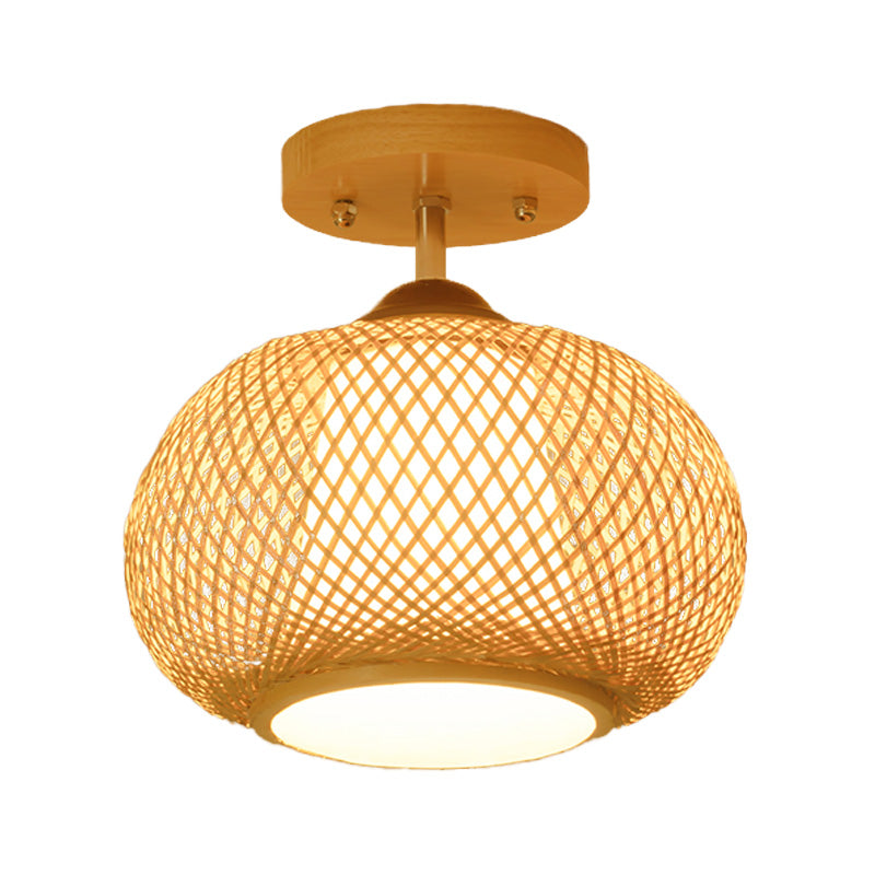 Pompoen Semi-Flush Mount Japanse bamboe 1-hoofd vlas dicht bij plafondverlichting, 14"/16" breed