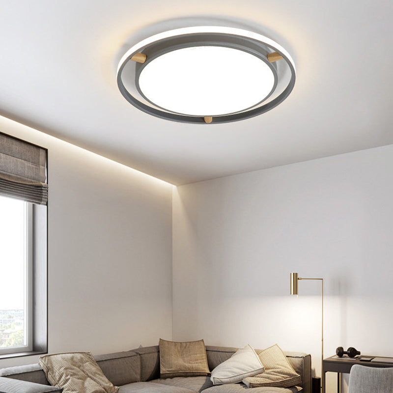 Nordic LED Ceiling Flush Light White/Green/Grey Dual Circle Thin Flushmount Lighting with Wood Arm, 16"/19.5"/23.5" W
