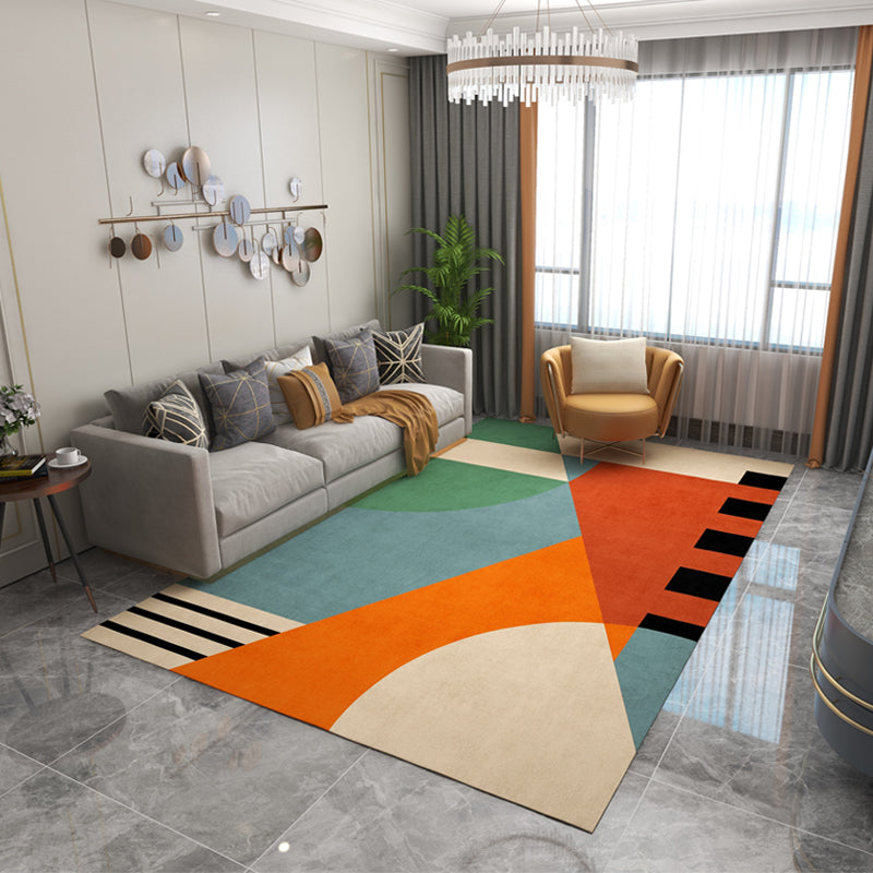 Orange Living Room Area Carpet Geometric Pattern Polyester Area Rug Easy Care Washable Rug