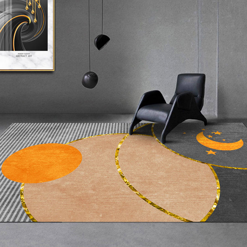 Orange Living Room Area Carpet Geometric Pattern Polyester Area Rug Easy Care Washable Rug