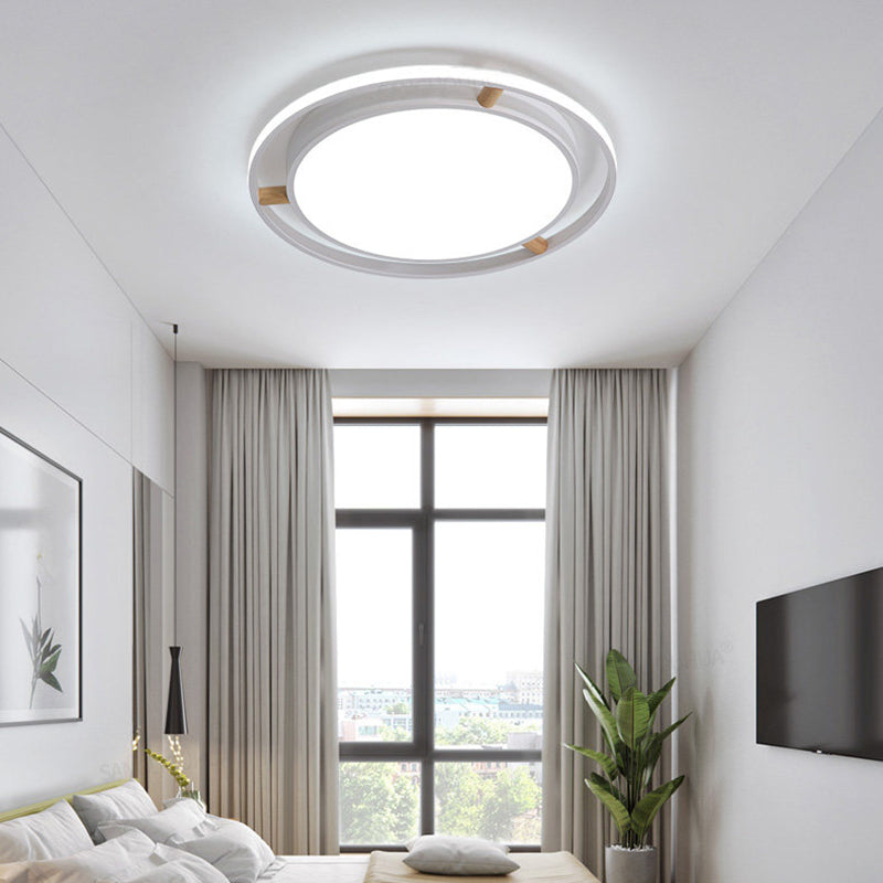 Nordic LED Ceiling Flush Light White/Green/Grey Dual Circle Thin Flushmount Lighting with Wood Arm, 16"/19.5"/23.5" W