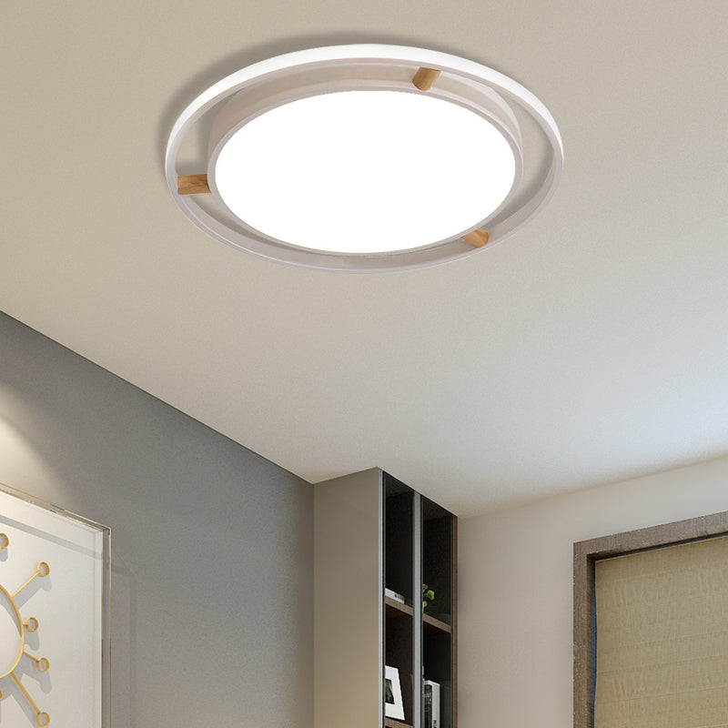 Nordic LED Ceiling Flush Light White/Green/Grey Dual Circle Thin Flushmount Lighting with Wood Arm, 16"/19.5"/23.5" W