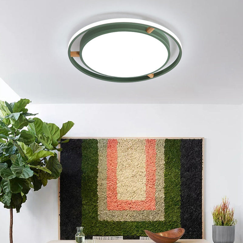 Nordic LED Ceiling Flush Light White/Green/Grey Dual Circle Thin Flushmount Lighting with Wood Arm, 16"/19.5"/23.5" W