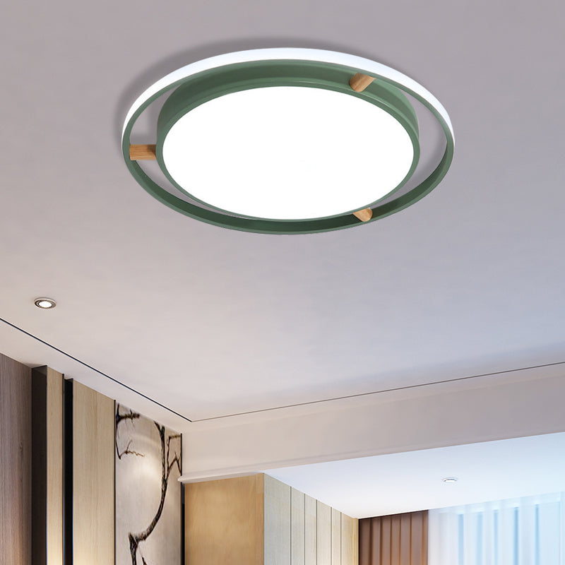 Nordic LED Ceiling Flush Light White/Green/Grey Dual Circle Thin Flushmount Lighting with Wood Arm, 16"/19.5"/23.5" W