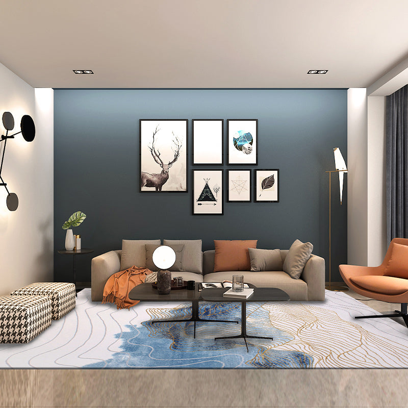 Blue Abstract Pattern Area Carpet Modern Polyester Area Rug Stain Resistant Rug for Living Room
