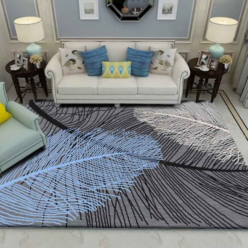 Grey Living Room Area Rug Plant Pattern Polyester Area Carpet Stain Resistant Easy Care Rug
