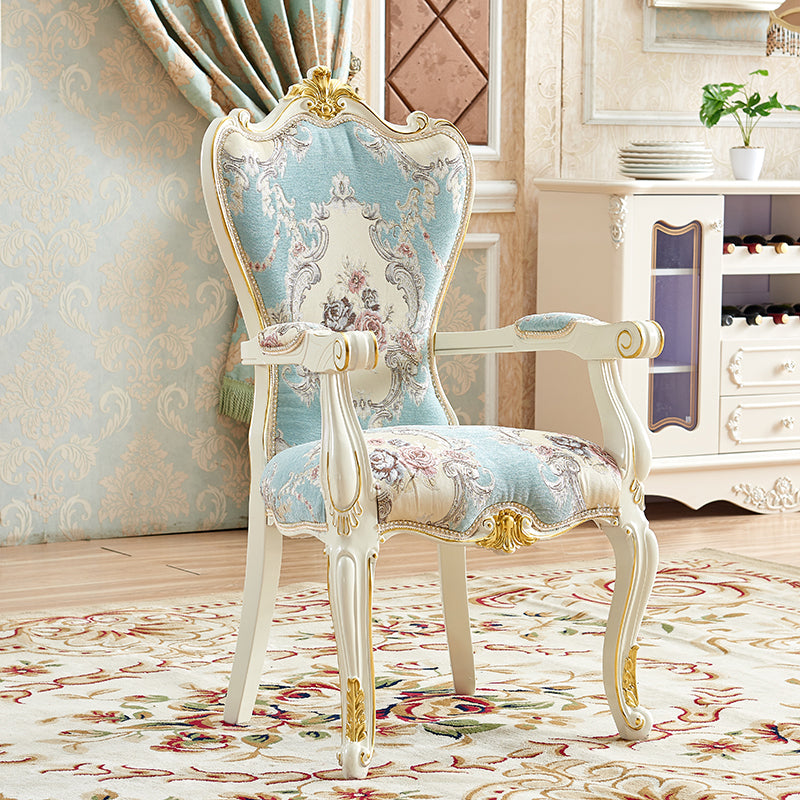 European Style Birch Cotton Arm Chair Light Color Solid Back Dining Chair with White Legs