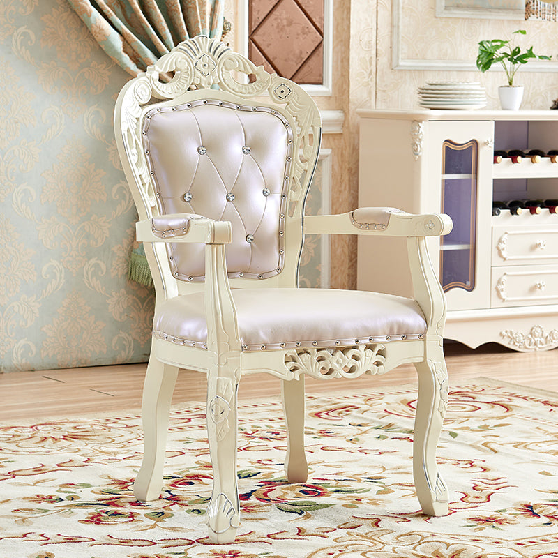 European Style Birch Cotton Arm Chair Light Color Solid Back Dining Chair with White Legs