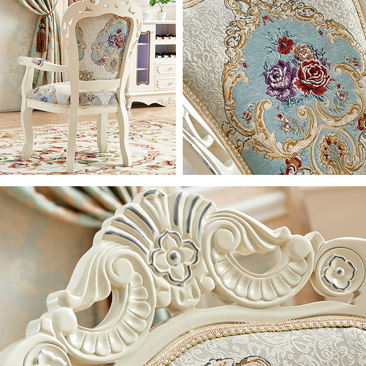 European Style Birch Cotton Arm Chair Light Color Solid Back Dining Chair with White Legs
