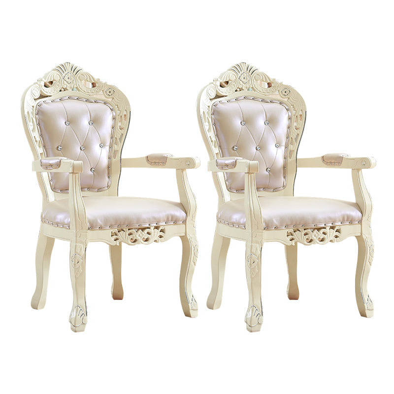 European Style Birch Cotton Arm Chair Light Color Solid Back Dining Chair with White Legs