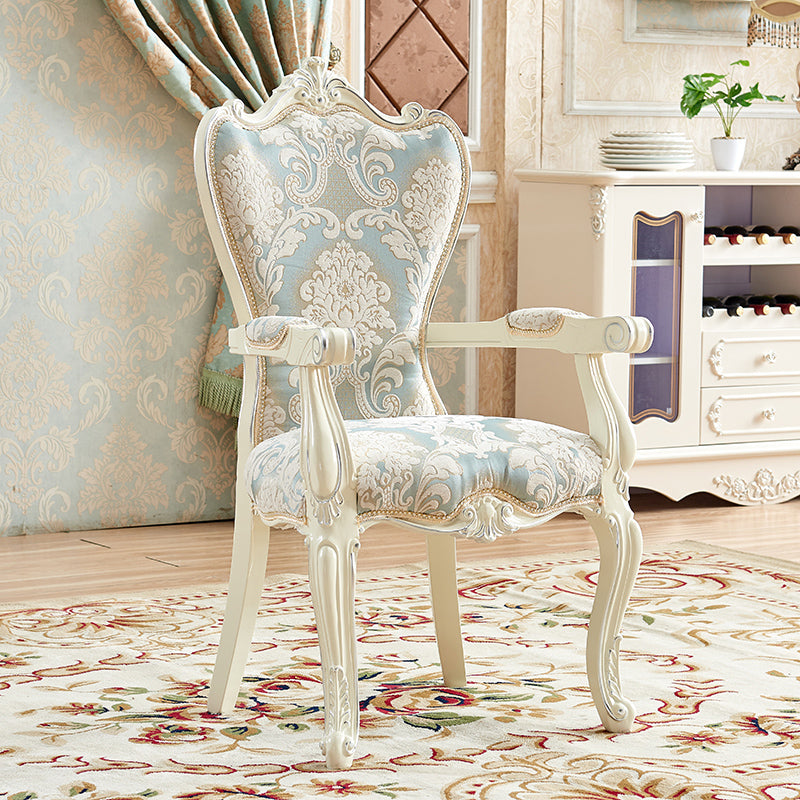 European Style Birch Cotton Arm Chair Light Color Solid Back Dining Chair with White Legs