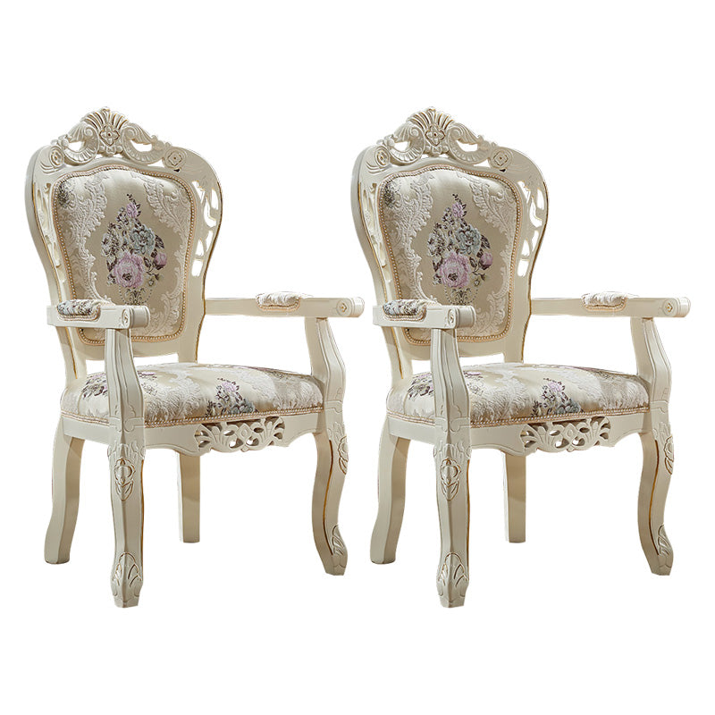 European Style Birch Cotton Arm Chair Light Color Solid Back Dining Chair with White Legs