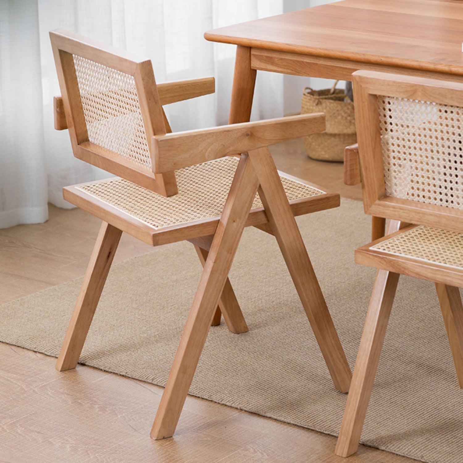 Country Style Dining Arm Chairs Rattan Open Back Rubberwood Indoor Armchair