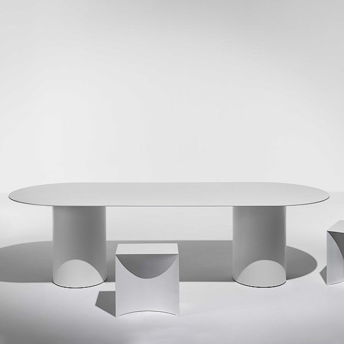 Mesa de comedor de madera maciza de estilo contemporáneo con base de doble pedestal