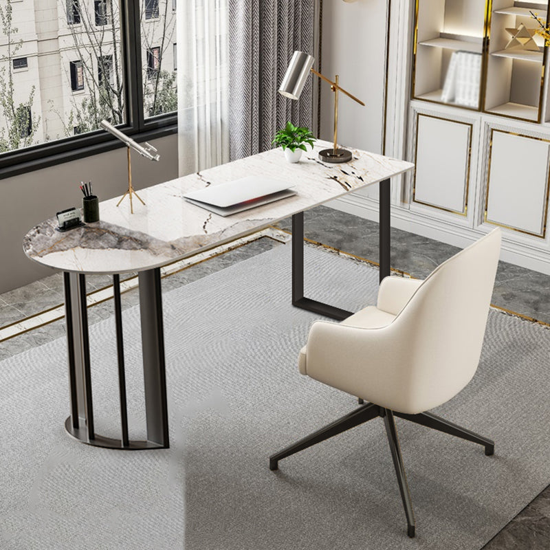 Simplicity Style Sintered Stone Dining Table Freeform Shape Table with Double Pedestal Base