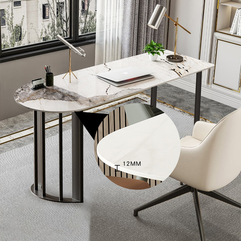 Simplicity Style Sintered Stone Dining Table Freeform Shape Table with Double Pedestal Base