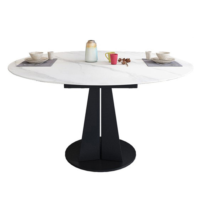Contemporary Round Dining Table Drop-Leaf Sintered Stone Dining Table with Pedestal Base