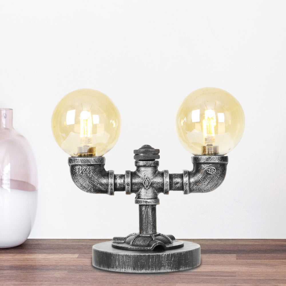 Lampada da scrivania industriale con paralume rotondo Illuminazione da lavoro in vetro trasparente/ambrato a 2/3 lampadine in argento antico/bronzo con base