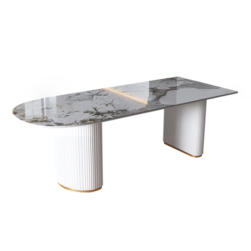 Eigentijdse thuis gesinterde stenen eettafel vrijformaat vormtafel met dubbele voetstukbasis