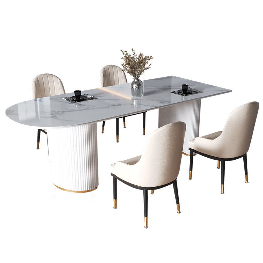 Eigentijdse thuis gesinterde stenen eettafel vrijformaat vormtafel met dubbele voetstukbasis