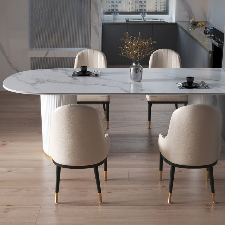 Eigentijdse thuis gesinterde stenen eettafel vrijformaat vormtafel met dubbele voetstukbasis