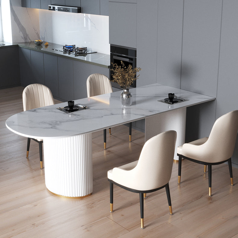 Eigentijdse thuis gesinterde stenen eettafel vrijformaat vormtafel met dubbele voetstukbasis