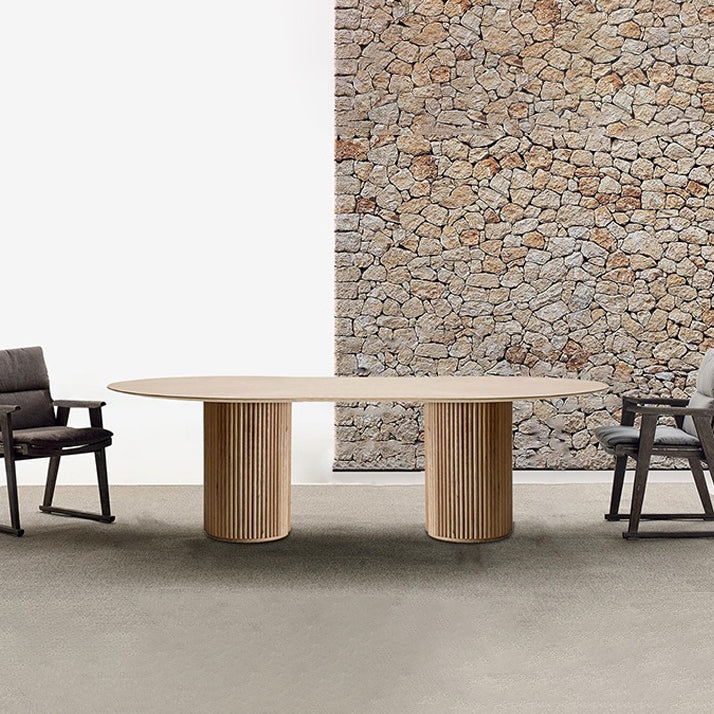 Mesa de comedor de color de madera redonda mesa de madera maciza moderna con pedestal doble